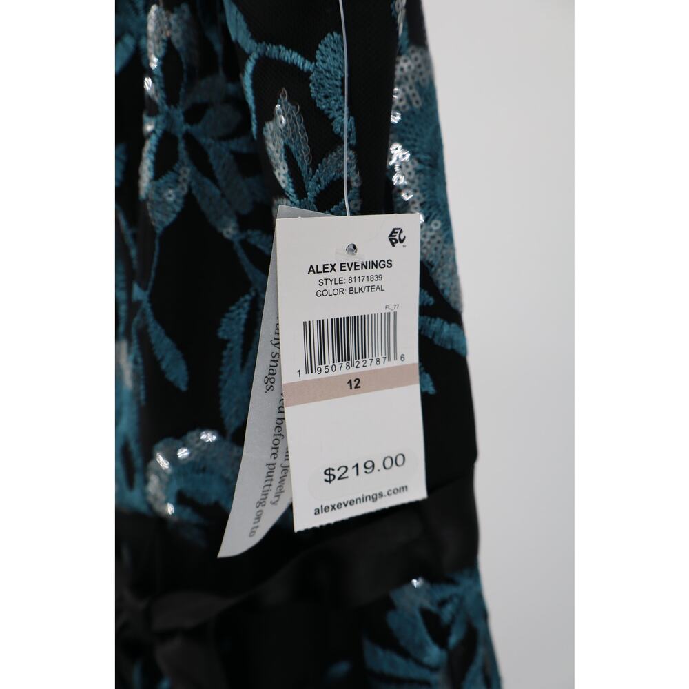 NEW Alex Evenings Midi Dress Teal Black Sequin Floral Tulle Embroidered 14 - Picture 5 of 5